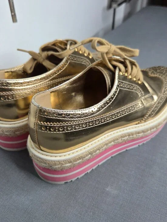 Prada Gold Metallic Platform Brogue Oxfords Espadrille Sole Women's 37.5 - Picture 5 of 13